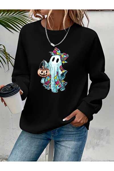 SVART WEAR Sweatshirt oversize cu gât crew, imprimat, cu trei fire, cu textur...