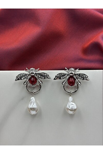 Unzilee Brand Model Design Earrings with Silver Detailed Red Stone Bee Figure