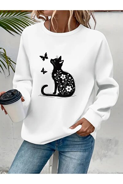 SVART WEAR Sweatshirt oversize cu gât crew, imprimat, cu trei fire, cu textur...