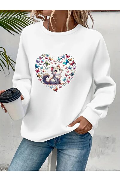 YUNAYT سترة رياضية مطبوعة بياقة دائرية وحجم كبير مصنوعة من ثلاث خيوط مع تطريز...