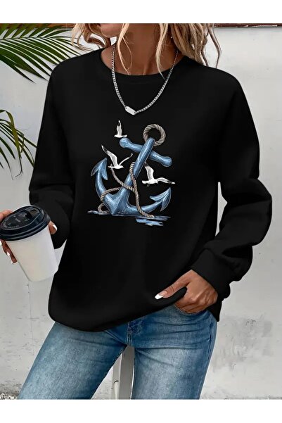 SVART WEAR Sweatshirt oversize cu gât crew, imprimat, cu trei fire, cu textur...