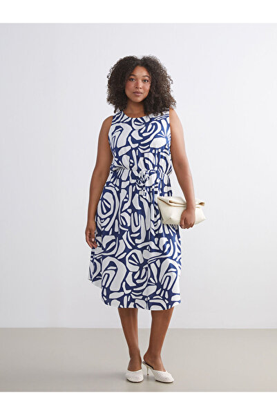 LC Waikiki Lcwaikiki Classic Navy Blue Crew Neck Patterned Waist-Fitted Dress