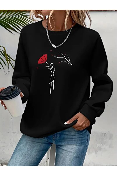 SVART WEAR Sweatshirt oversize cu gât crew, imprimat, cu trei fire, cu textur...