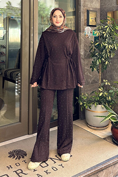 Miraydın Butik Γυναικείο Σετ Πέτρινο Τούνελ Λεπτομερές 41448 - Καφέ