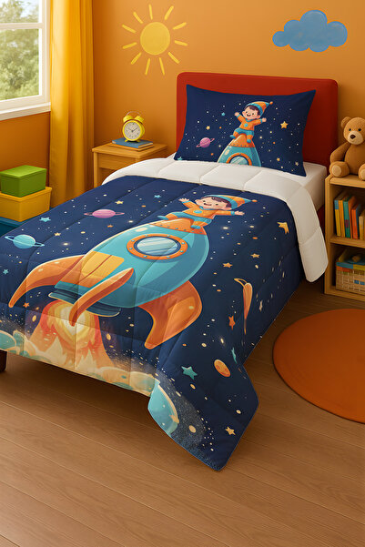 Viadela Children's Design Quilt and Pillowcase with Astronaut and Rocket