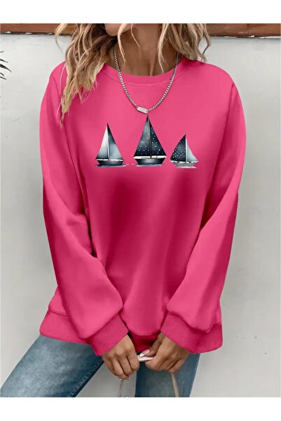 SVART WEAR Sweatshirt oversize cu gât crew, imprimat, cu trei fire, cu textur...