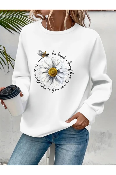 YUNAYT Sweatshirt oversize cu gât crew, imprimat, cu trei fire, cu textură ch...