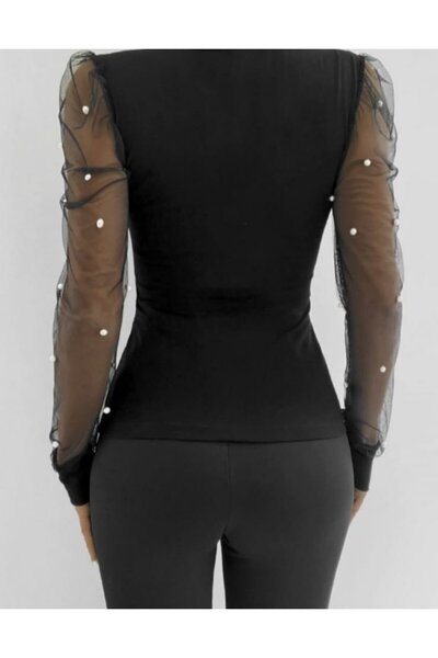 JANES Bluză de damă cu mâneci lungi din viscoză din tul cu detalii perle