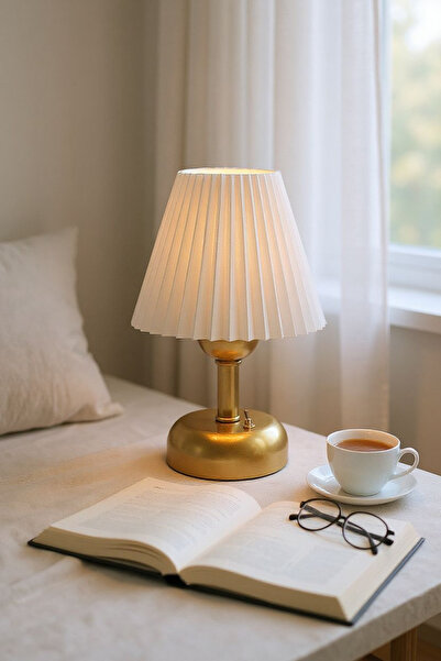 Bubihome Şarjlı Pileli Gold Abajur,Kablosuz Dekoratif Abajur