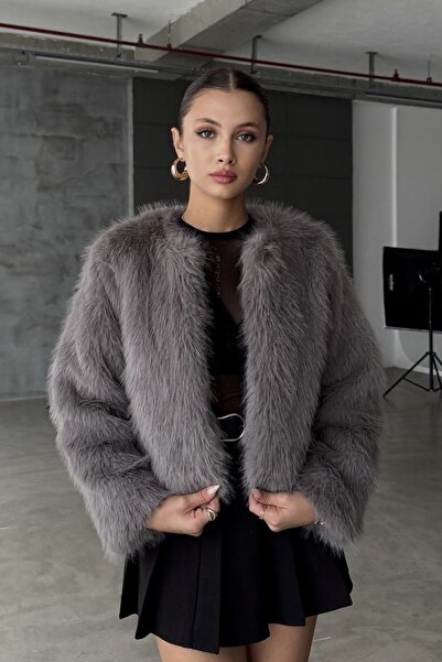 Moderk ZR İthal Premium Kalite Antrasit Yakasız Kürk Kadın Mont Ceket Kaban