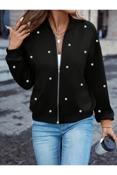 babatr.com سترة نسائية قصيرة من EQURİ بأكمام طويلة وسحاب أمامي مزينة باللؤلؤ