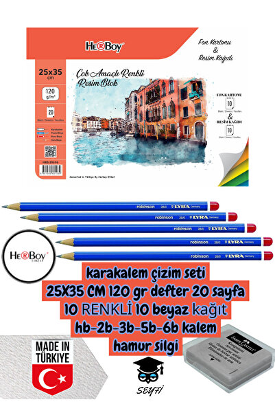 SEYFİKİRTASİYE Charcoal Drawing Set 25X35 cm 120 Gr Notebook 20 Sheets 10 Color 10 White Paper Hb-2B-3B-5B-6B Pencil