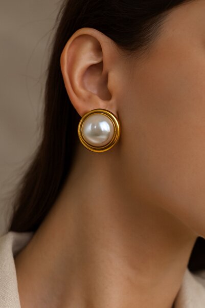 Kokoş Earrings Pearl Detail Round Gold