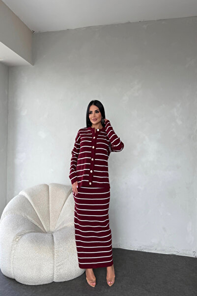 LİLA İSTANBUL Crew Neck Buttoned Front Striped Knit Dress (Standard Size S/M/L/Xl Compatible)