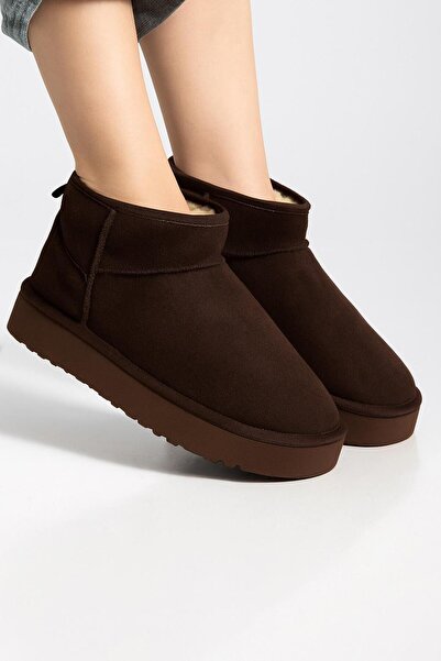 desipark Kadın Classıc Mini Siyah Kürklü Süet Bot