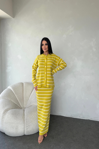 LİLA İSTANBUL Crew Neck Buttoned Front Striped Knit Dress (Standard Size S/M/L/Xl Compatible)