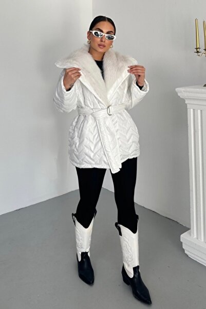 spirituel Γυναικείο πουπουλένιο παλτό με φαρδύ γιακά με κορδόνι με γούνινο καπιτονέ παλτό