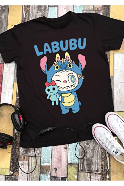 RYO FASHİON Labubu Multi T-Shirt 100% Cotton Black Short Sleeve Model-10