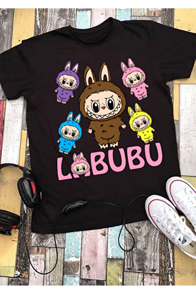 RYO FASHİON Labubu Multi T-Shirt 100% Cotton Black Short Sleeve Model-10