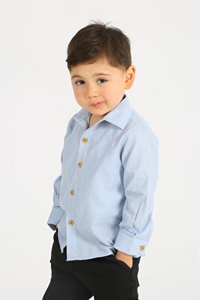Pi Giyim Çocuk Keten Gömlek Mavi Uzun Kollu