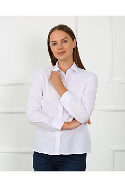 Pi Giyim Cămașă albă pentru femei, slim fit, cu mânecă lungă