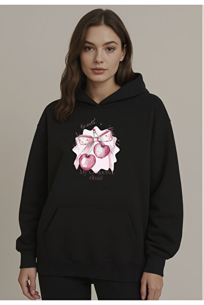 Advantage Hanorac cu glugă oversize negru pentru femei, design gotic, cireș, ...