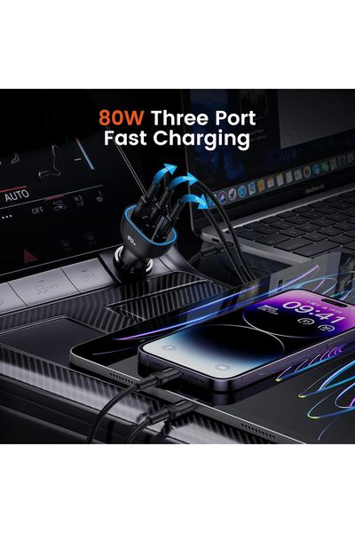 Kipgsm 80W Hızlı Sarj Desteki Dual Type-C + USB-A Araç İçi Sarj Aleti Transparan Görünümlü Çakmaklık