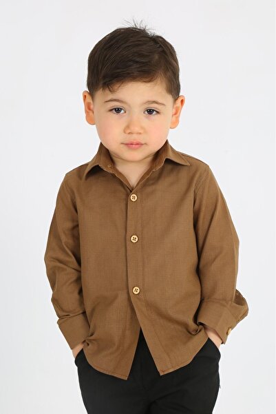 Pi Giyim Çocuk Keten Gömlek Kahverengi Uzun Kollu