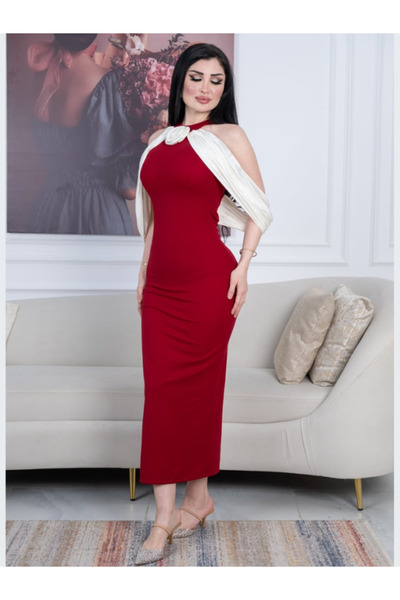 TREN Women's Cocktail Party Dress - Red Crepe Halter Neck Midi with White Shoulder Cape Detail