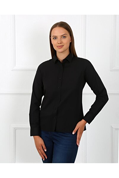 MODA YILDIZ Cămașă neagră pentru femei, slim fit, cu mânecă lungă