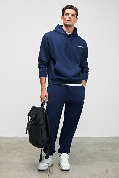 GRIMELANGE MARSHALLHOODIE Erkek Pamuklu İçi Polarlı Nakışlı Relaxed Koyu Lacivert Eşofman Takımı