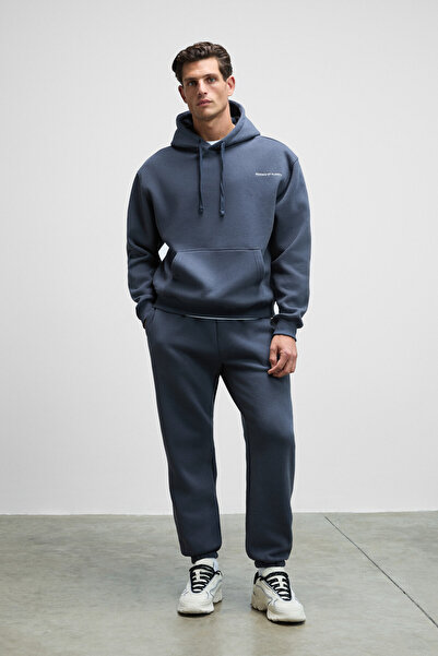 GRIMELANGE MARSHALLHOODIE Erkek Pamuklu İçi Polarlı Nakışlı Relaxed Koyu Gri Eşofman Takımı