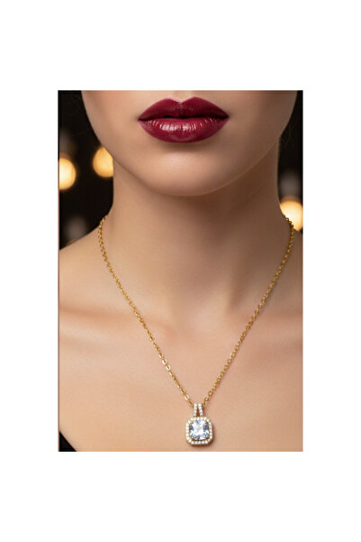 Hmd Gold Color Square White Stone Sf Chain Steel Necklace