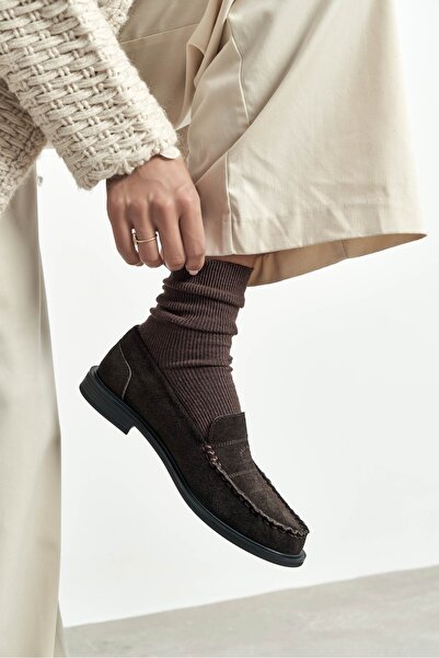 NİŞANTAŞI SHOES Γυναικεία Loafer παπούτσια Alya Brown Suede από γνήσιο δέρμα με επίπεδη σόλα