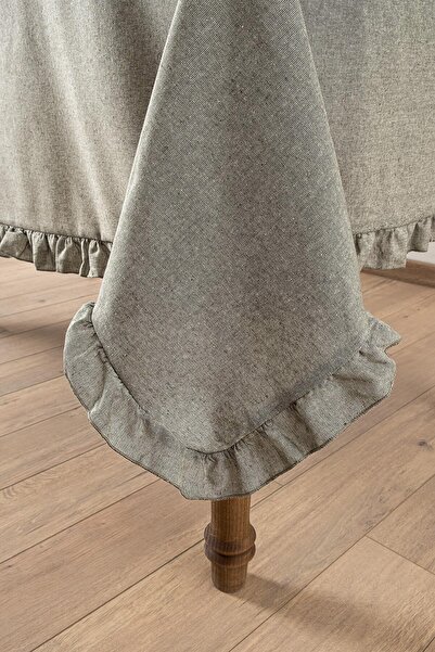 Denizli Concept Green Tablecloth with Ruffled Edges - Selendi Soft Color - Cotton Polyester 150X220Cm