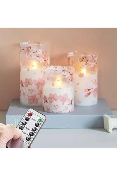 Hope شموع زجاجية LED متلألئة بزهر الكرز مع جهاز تحكم عن بعد ومؤقت يعمل بالبطا...