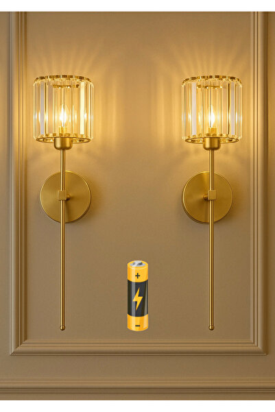 Fico Home Modern Pilli Aplik Kristal Taşlı Şık Kablosuz Aç Kapa Butonlu Aplik Eskitme Gold Sarı 1 ADET