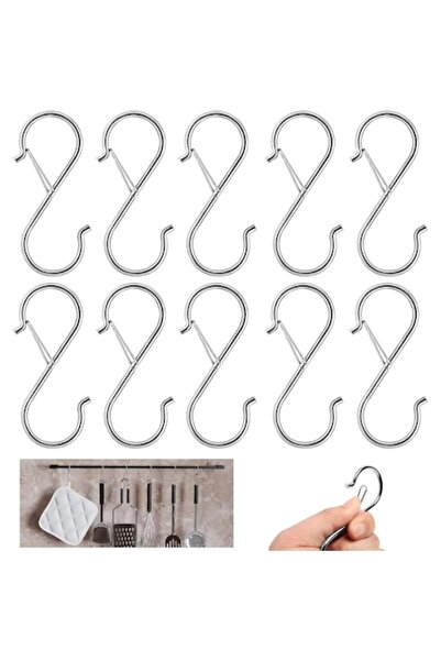 OEM Set 10 S-hooks, metallic, for hanging plants, kitchen utensils, towels, lamps, clothes, Silver