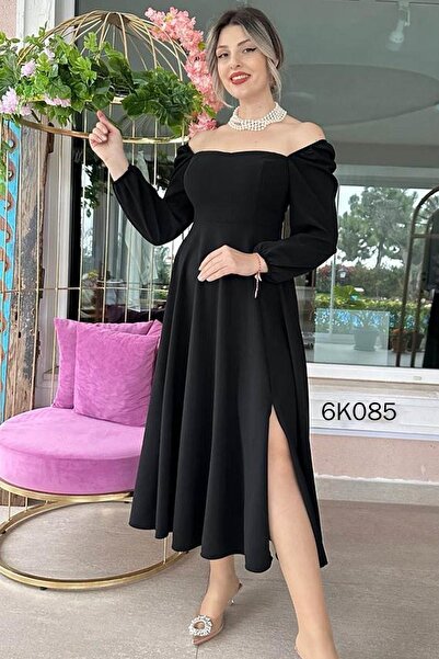 İnce Topuk Kalp Yaka Yırtmaçlı Krep Elbise 6K085