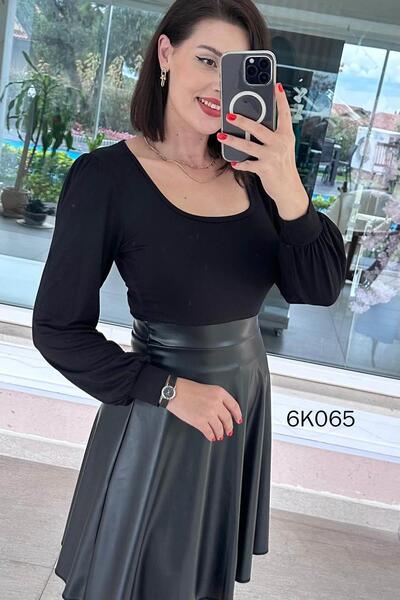 İnce Topuk Üstü Viskon Eteği Deri Elbise 6k065