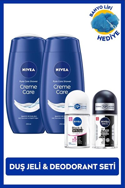 NIVEA Kadın ve Erkek Roll-on Deodorant Black&White 25ml, Creme Care Duş Jeli X2 Adet, Banyo Lifi Hed