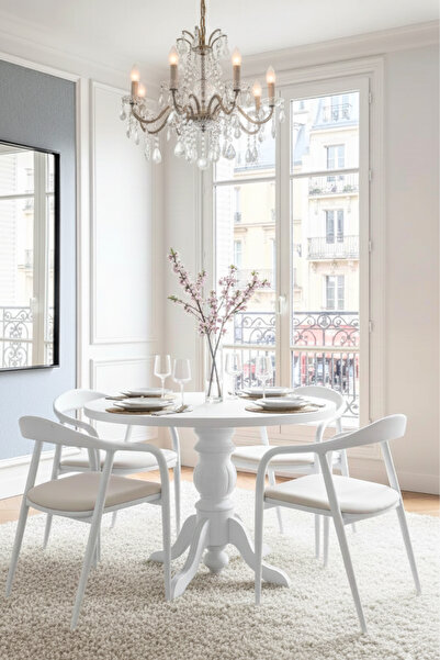 Woodenbend Tonga Beyaz Yuvarlak Masa Takımı 100 cm – 4 Adet Kayın Ağacı Sanda...