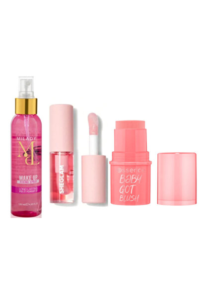 MİLADY Mini Glam Makeup Set - 3 Pieces (Setting Spray, Gloss, Blusher)