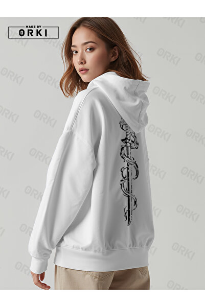 EFFRENATU Φούτερ με κουκούλα με στάμπα Wild Tiger, Unisex, λευκό, oversized