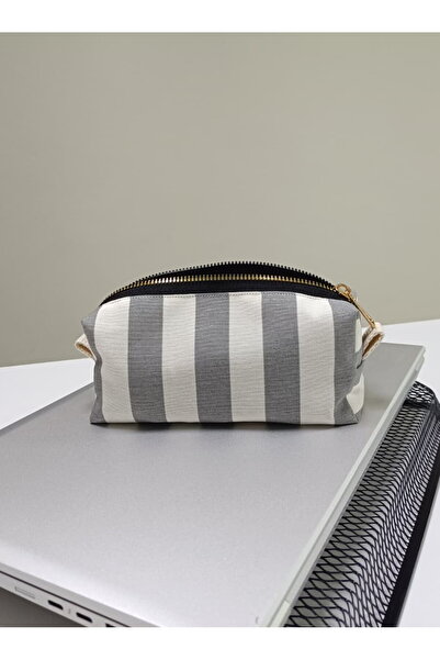 NGA's Çizgili Geniş Hacimli Duck Keten Kumaş Organizer Makyaj Çantası - Küçüğ...