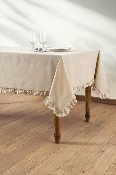 Denizli Concept Beige Tablecloth with Ruffled Edges - Selendi Soft Color - Cotton 150X220Cm