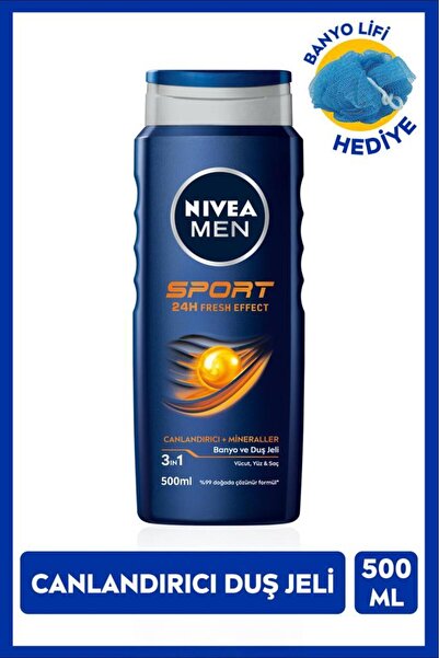 NIVEA MEN Erkek Duş Jeli Sport 500ml, Canlandırıcı Etki, Mineral, Vücut Saç ve Yüz, Banyo Lifi Hediyeli