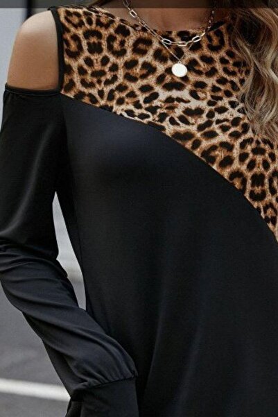 Mossta Off-The-Shoulder Long Sleeve Leopard Print Dress - Black