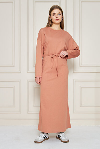 ESPİNA Beli Kuşaklı Bisiklet Yaka Uzunkol Maxi Elbise