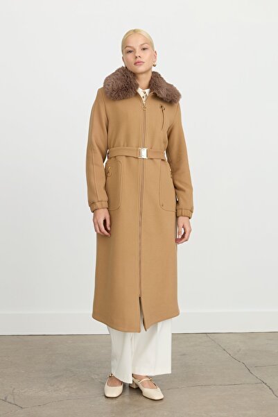 Nihan Beli Kemerli Seyyar Kürk Yakalı Kaban Camel